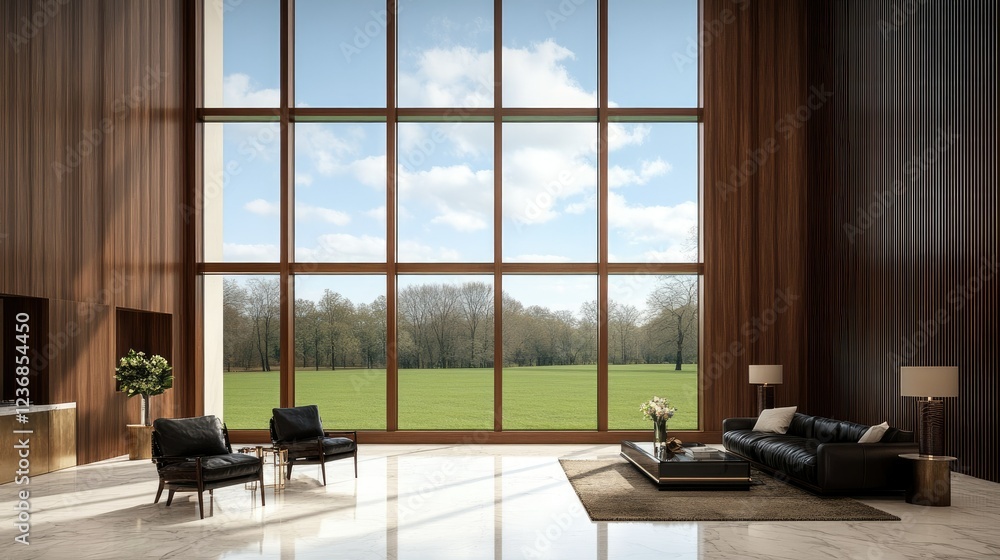 Fototapeta premium Spacious modern living room with large windows overlooking a green landscape filled with trees and bright blue sky