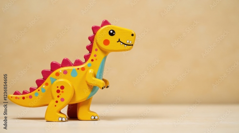 Obraz premium A cheerful yellow dinosaur toy with pink and teal accents stands on a pale surface, a delightful addition to a child's room or play area.