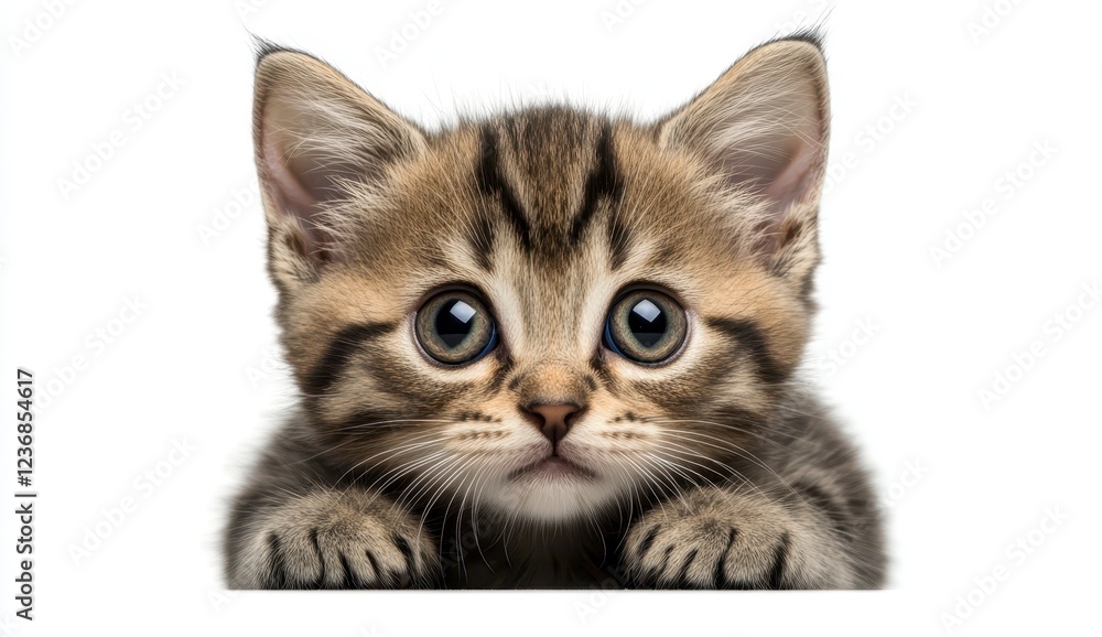 Obraz premium Close up portrait of a brown tabby kitten with large, expressive eyes, peering over a white background. The kitten's paws are visible, and its fur