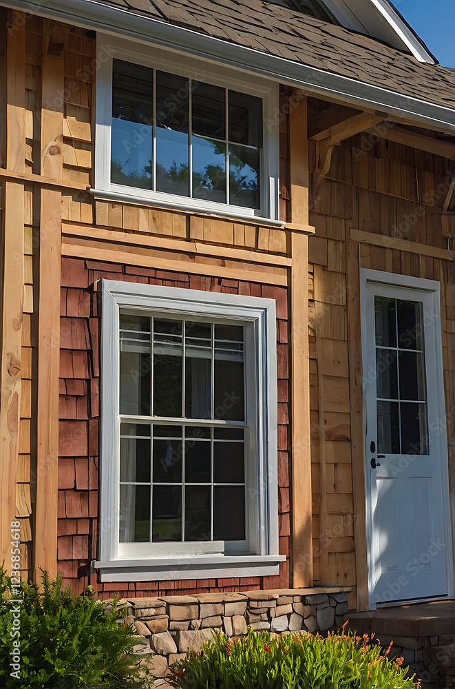 Charming Rustic House Exterior with Wood Siding, Stone Accents, and Large Windows Charming Rustic House Exterior with Wood Siding, Stone Accents, and Large Windows