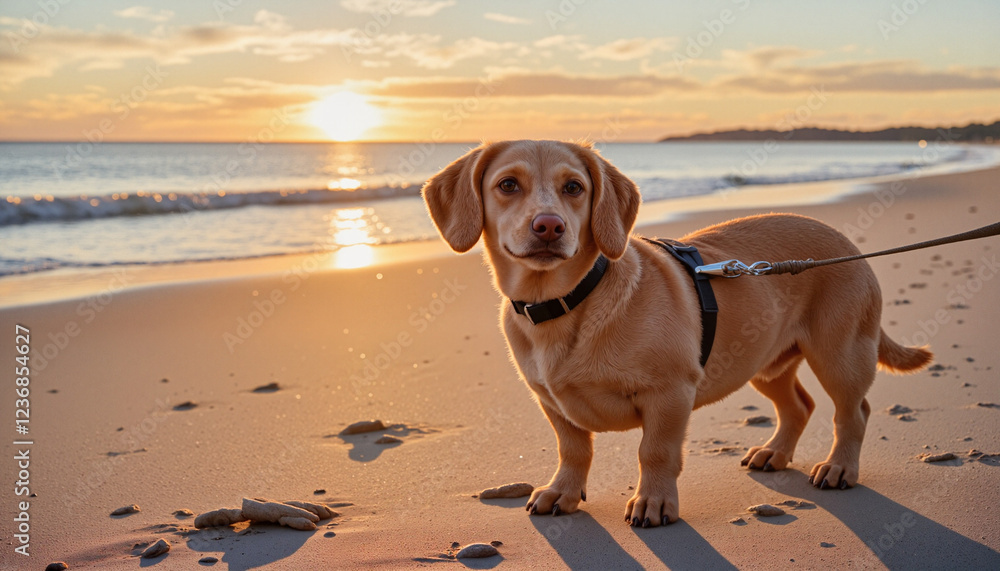 Dachshund standing alertly on sandy beach, sunset backdrop creates tranquil mood Dachshund standing alertly on sandy beach, sunset backdrop creates tranquil mood