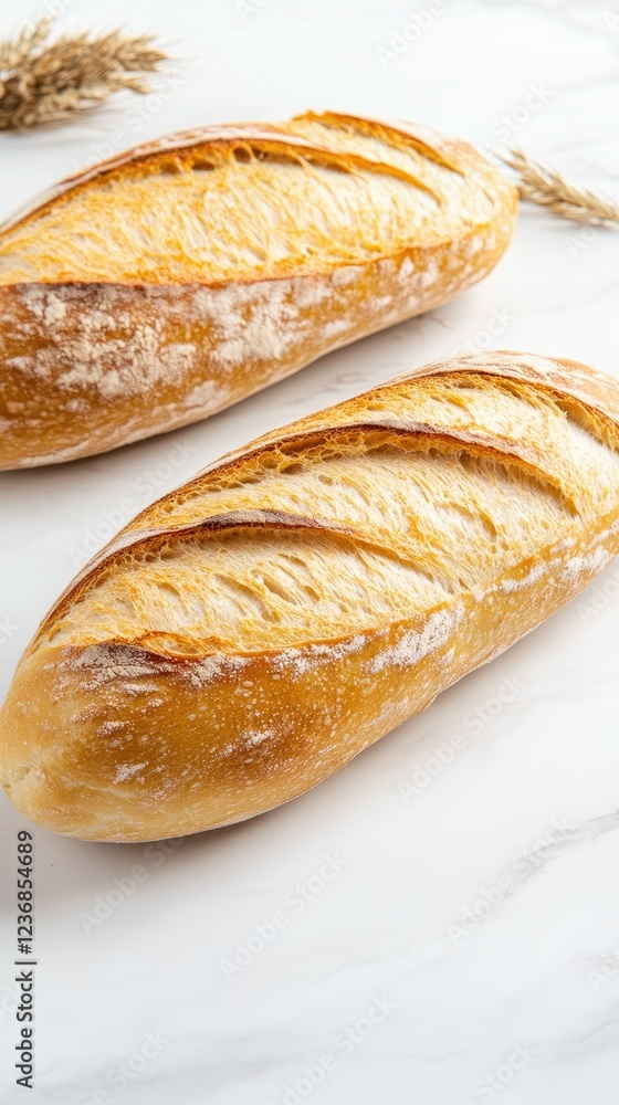 Artisan bread loaves, just out of the oven, are beautifully arranged on a polished marble countertop, accented by natural elements Artisan bread loaves, just out of the oven, are beautifully arranged on a polished marble countertop, accented by natural elements