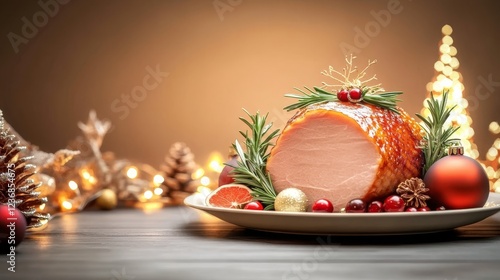 Festive Christmas Ham Dinner - Glazed ham, cranberries, rosemary, and festive ornaments create a delicious Christmas dinner scene. photo