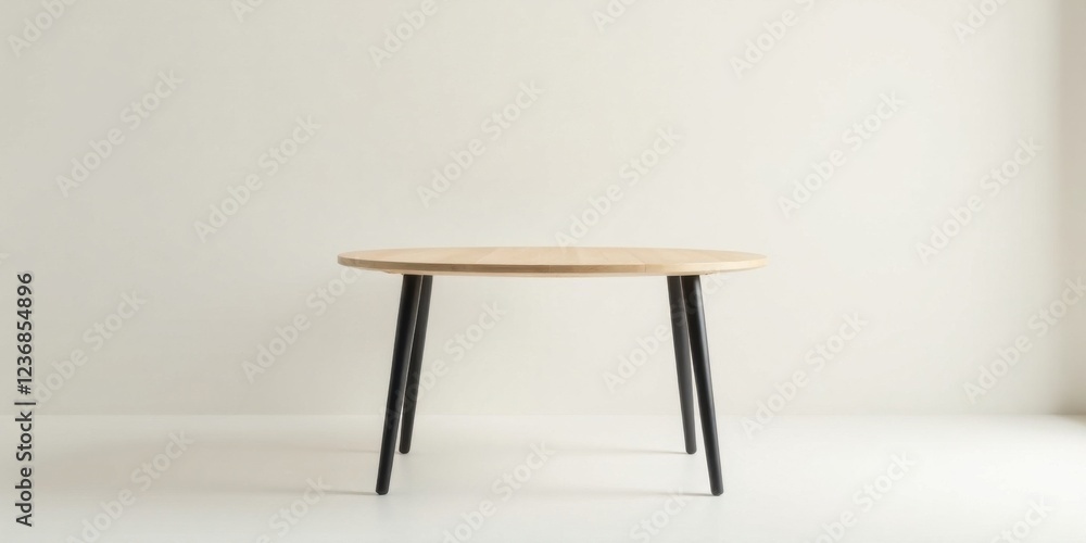 Simple, elegant round wooden table with black legs, perfect for modern minimalist interiors Simple, elegant round wooden table with black legs, perfect for modern minimalist interiors