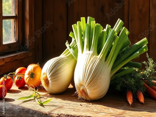 an image of a bunch of onions and carrots on a table, there are two onions and some tomatoes on a table photo