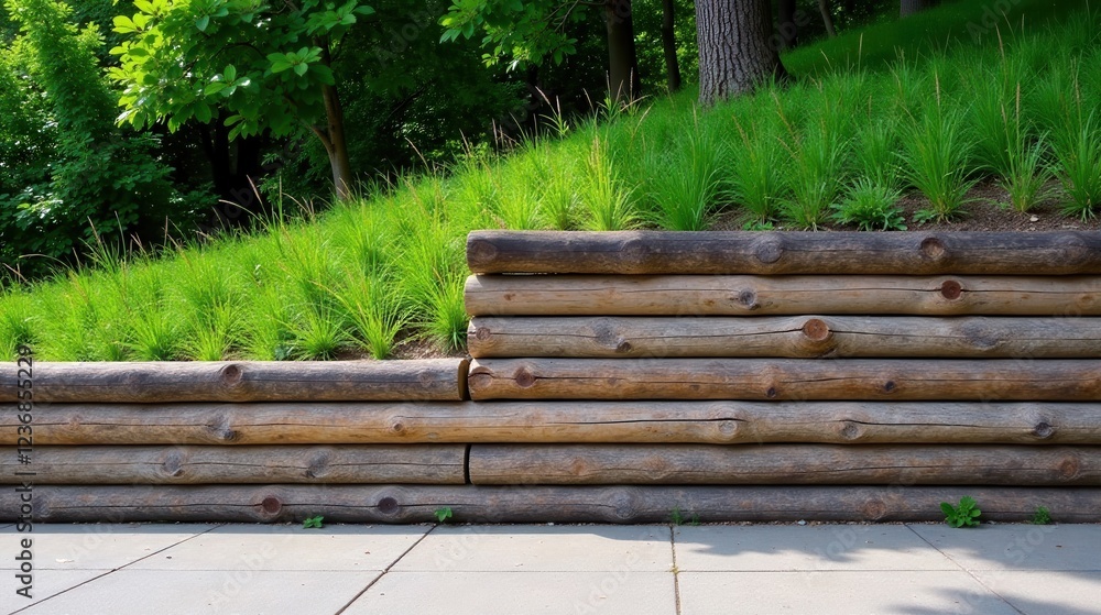 Rustic Log Retaining Wall with Lush Green Grasses in a Serene Park Setting