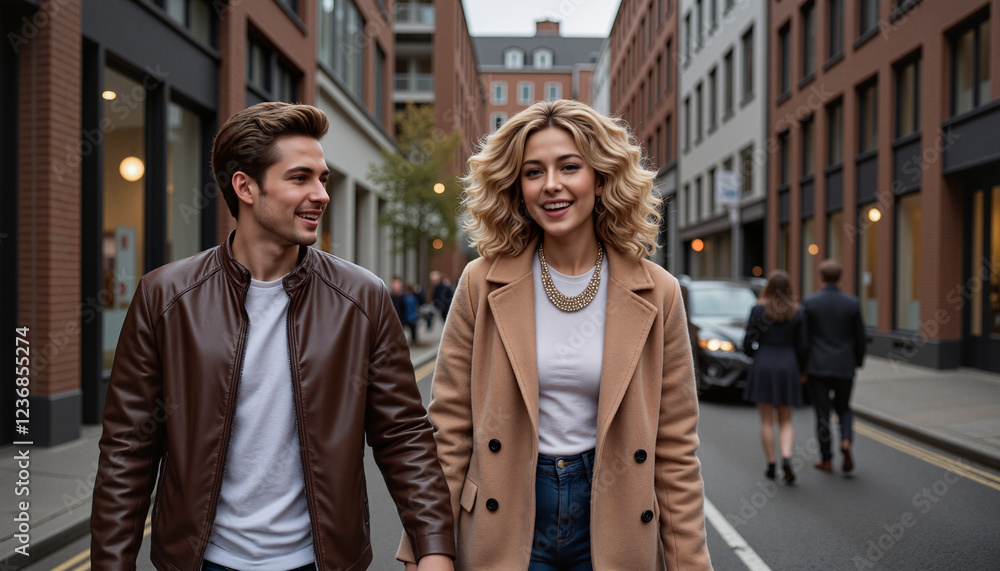 Fototapeta premium Young couple laughing and holding hands while walking in a blurred urban street, joyful moment together