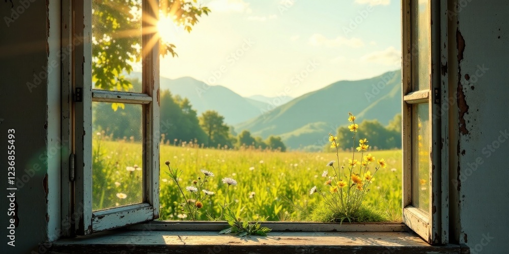 Fototapeta premium Serene Sunrise View Through a Rustic Window Pane, Showing a Vibrant Meadow and Distant Rolling Hills