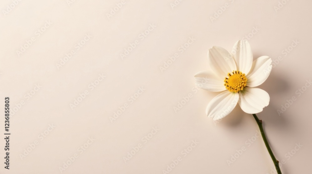 Obraz premium A single delicate off-white flower with a yellow center rests on a pale background, creating a minimalist and elegant composition.