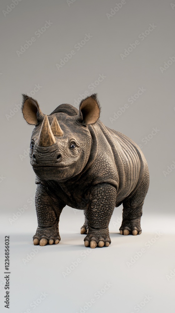 Fototapeta premium Rhino with exaggerated features standing on a light background in a studio setting, showcasing unique design and detail
