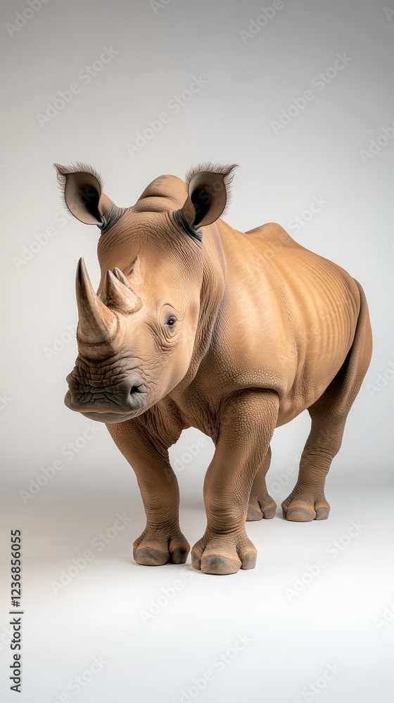 Fototapeta premium Rhinoceros standing in a studio setting showcasing its unique features and characteristic horn during daylight hours