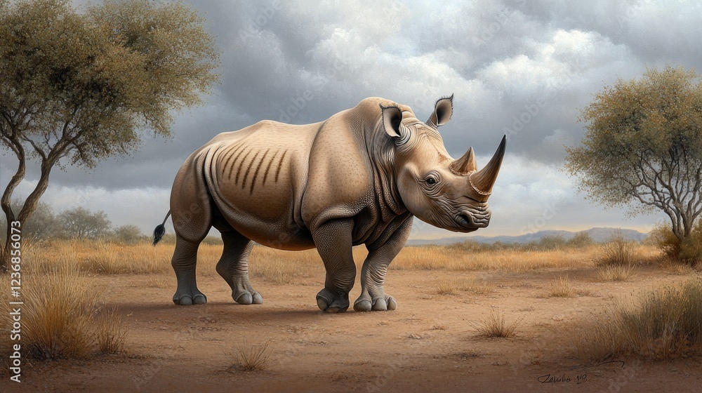 Fototapeta premium Rhinoceros standing majestically in a serene grassland under a cloudy sky at midday, showcasing nature's beauty and wildlife