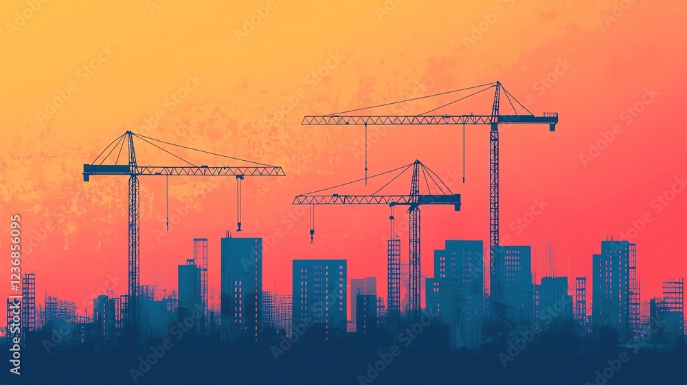 Obraz premium City skyline with construction cranes at sunset.