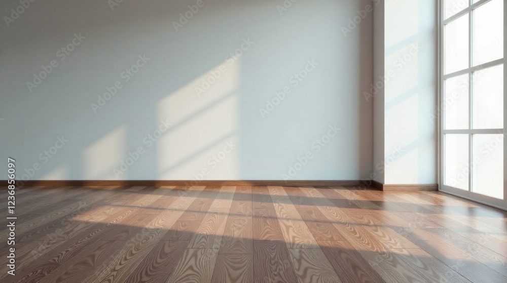Sunlit Empty Room with Hardwood Floor and Large Window Showing Light Beams Sunlit Empty Room with Hardwood Floor and Large Window Showing Light Beams