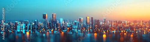 City skyline at sunset with vibrant lights
