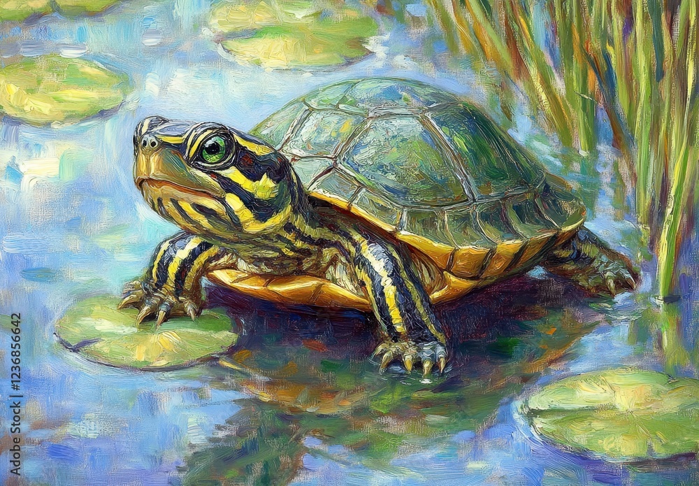 Obraz premium Close up view of a turtle on a lily pad in a pond. The turtle has a green and yellow shell, and the water is blue. The background includes green