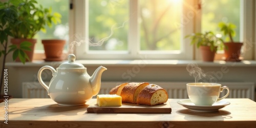 Wallpaper Mural Morning Sunlight Illuminates a Rustic Table Setting with Warm Tea, Fresh Bread, and a Slice of Cheese Torontodigital.ca