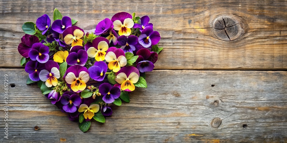 Fototapeta premium Heart-Shaped Arrangement of Colorful Pansy Flowers on Wood Background