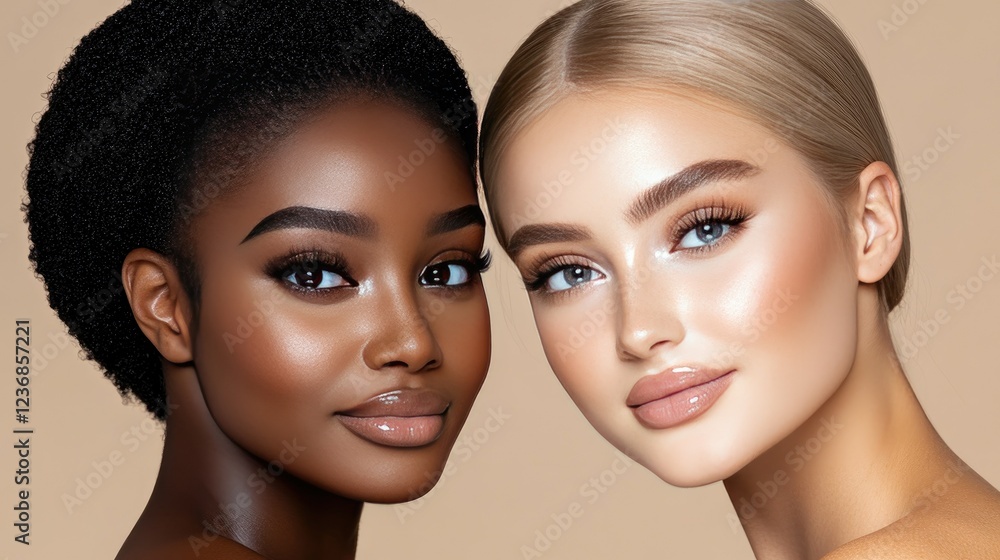 Diverse beauty showcased with two models featuring radiant skin tones and elegant makeup highlighting their features in a studio setting Diverse beauty showcased with two models featuring radiant skin tones and elegant makeup highlighting their features in a studio setting