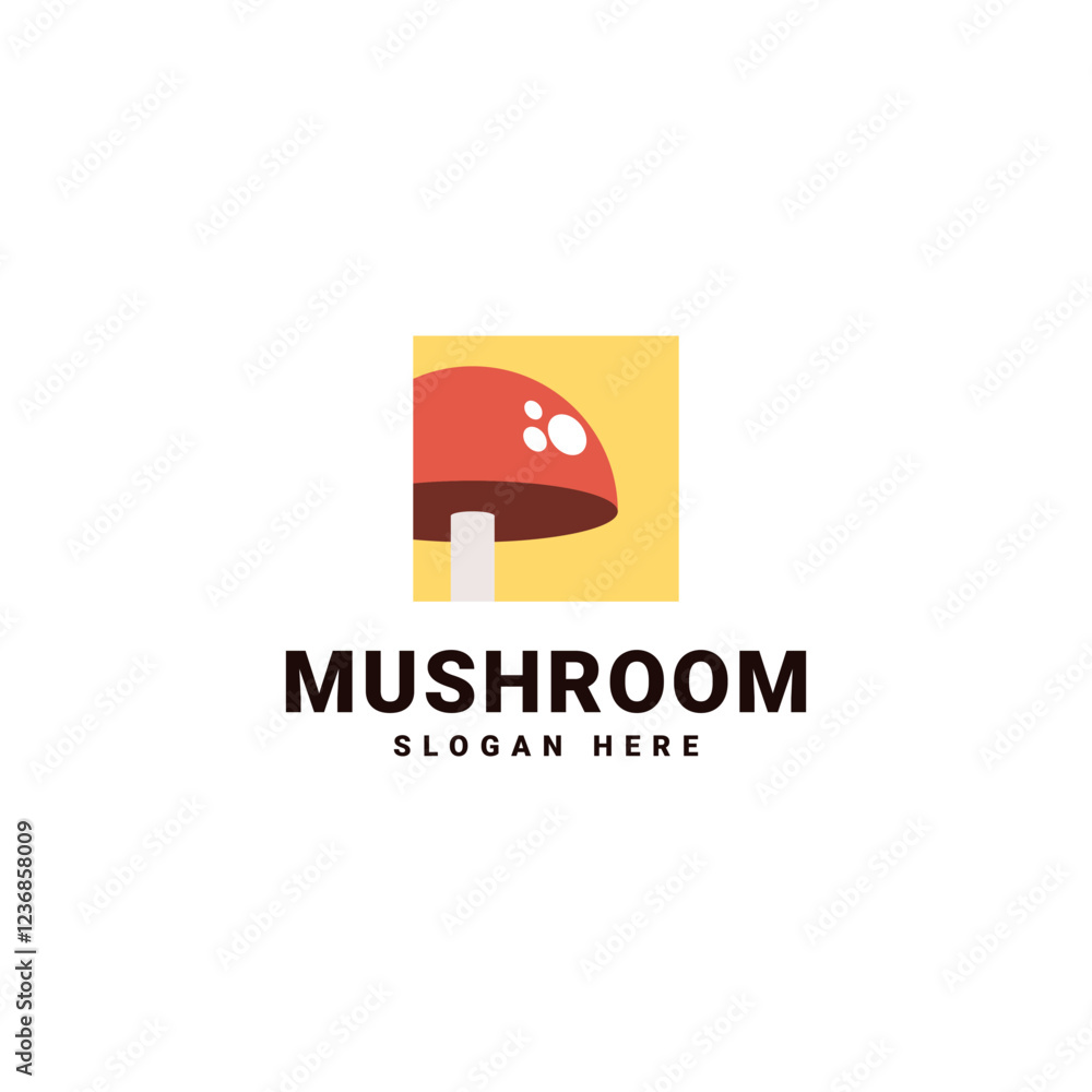 Bold mushroom logo inside a square background, in red and yellow. Perfect for food brands, restaurants, organic products, and farm logos. Simple, modern, and eye-catching design. Bold mushroom logo inside a square background, in red and yellow. Perfect for food brands, restaurants, organic products, and farm logos. Simple, modern, and eye-catching design.