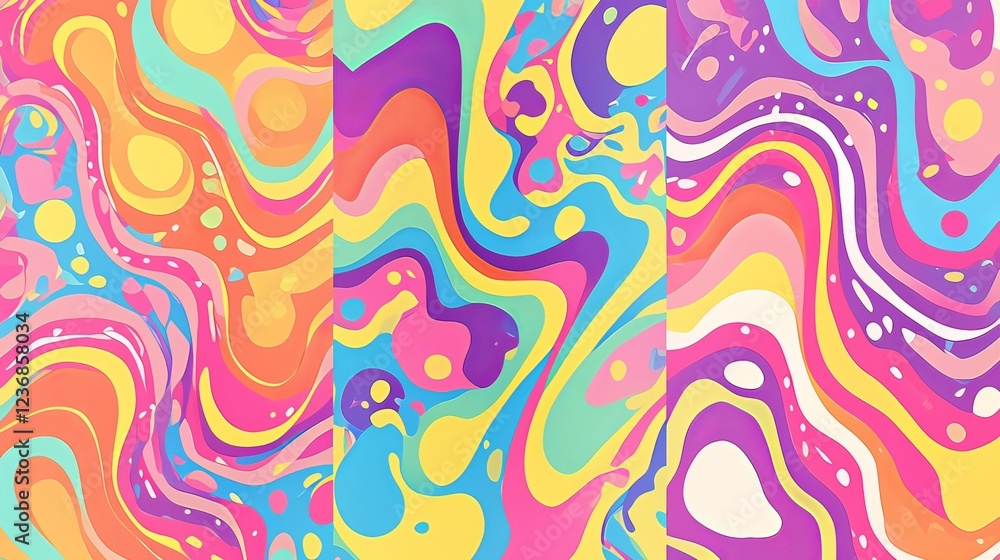 A series of retro-style swirl patterns in green, purple, and pink A series of retro-style swirl patterns in green, purple, and pink