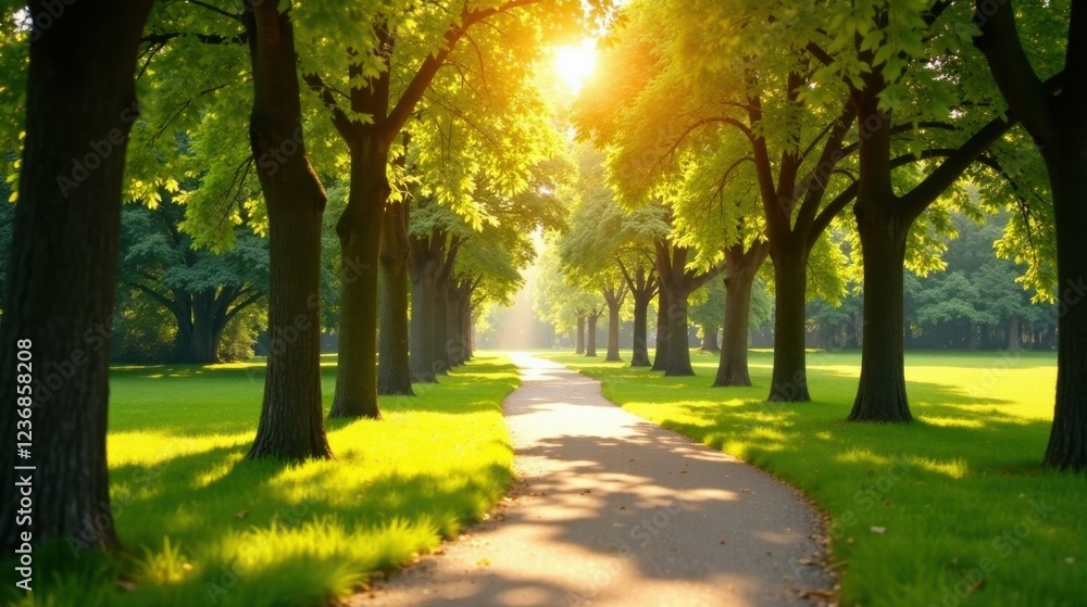 Naklejka premium Serene Pathway Through Sun-Drenched Green Canopy, Leading to a Peaceful and Tranquil Destination