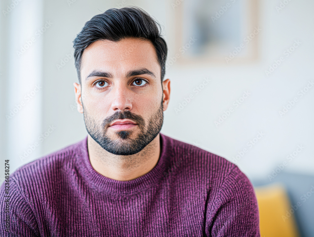 Fototapeta premium Contemplative man portrait in casual indoor environment capturing emotions