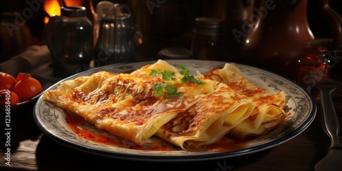 Wallpaper Mural Delicious pancakes with sauce, rustic setting, cozy background, food photography. Torontodigital.ca