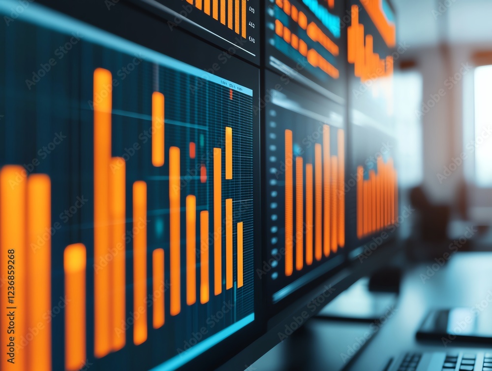 Obraz premium Data analysis on multiple computer screens.