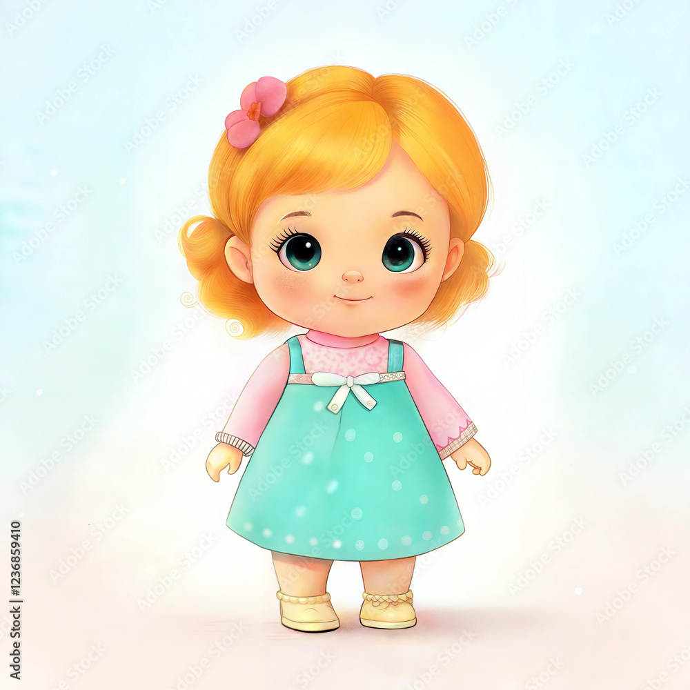 Adorable baby doll character with a sweet mood on a soft background Adorable baby doll character with a sweet mood on a soft background