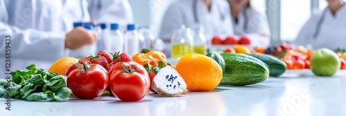 Fresh Produce Food Science Research - Scientists examine fresh fruits and vegetables in a lab setting, focusing on food quality and safety. photo