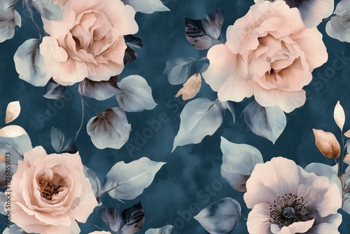 Rococo-style wallpaper featuring a dark blue background with light pink and beige roses and leaves pattern, watercolor effect, seamless design, perfect for fabric and wallpaper applications