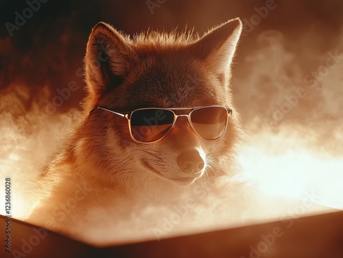 Urban night adventure wolf in sunglasses foggy street animal mysterious atmosphere photo