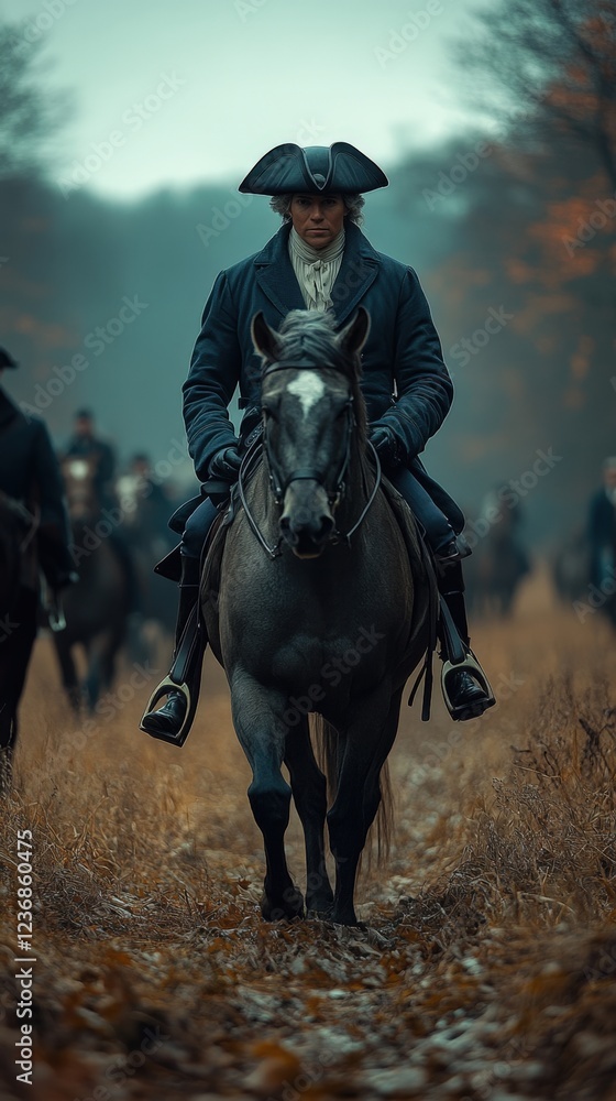 Fototapeta premium Man horseback riding, autumn forest, historical attire, group ride. Stock photo.