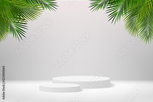 Green Palm Tree Branch With White Background With Podium photo