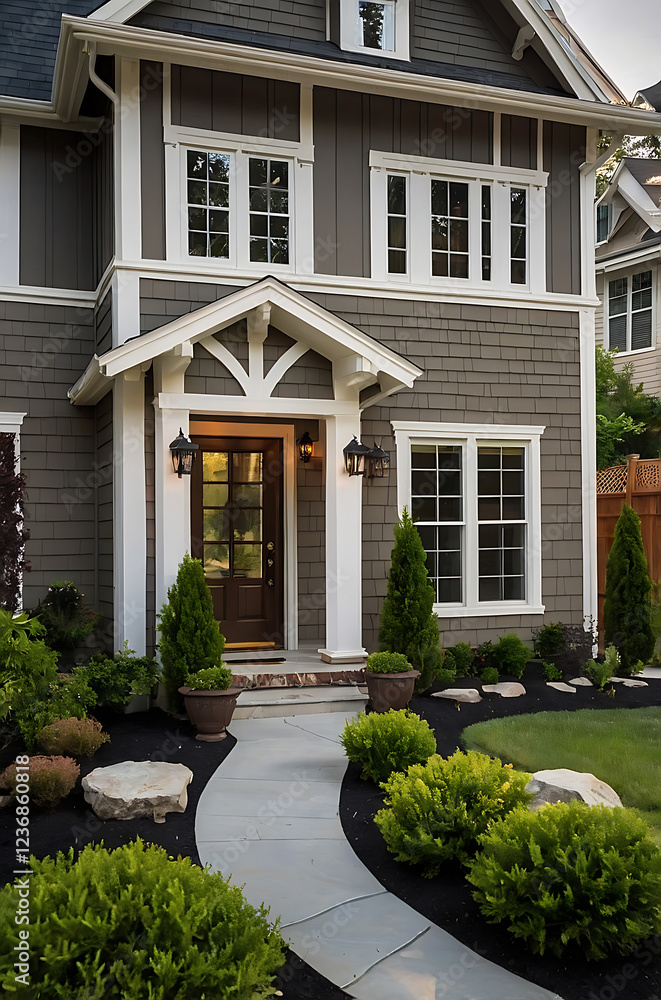 Luxury House Exterior: Gray Siding, White Trim, Landscaped Garden, Walkway