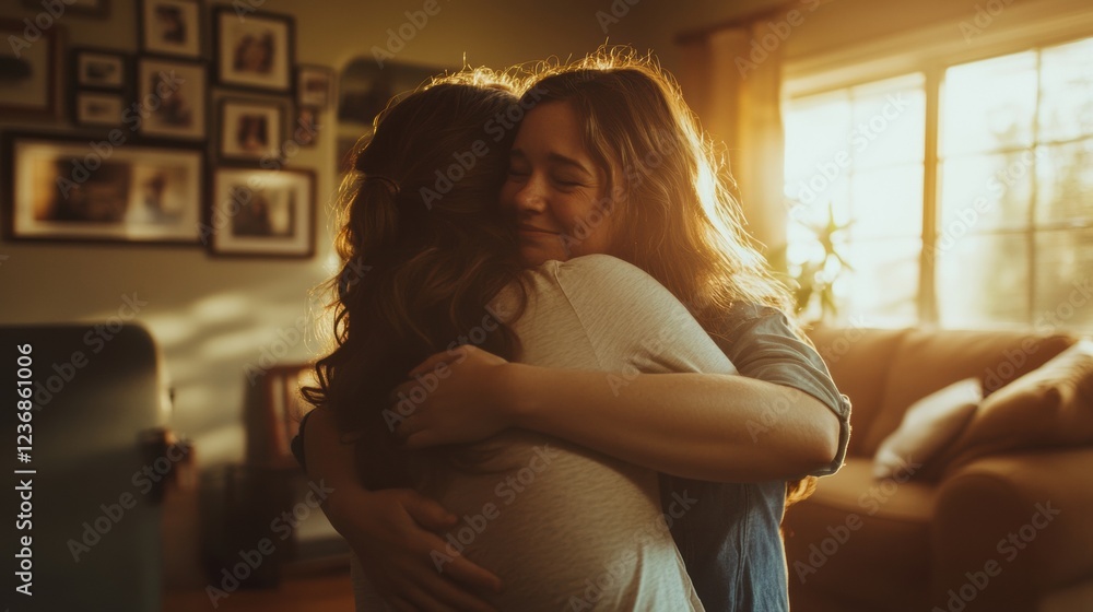 warm embrace of two women in a sunlit room warm embrace of two women in a sunlit room