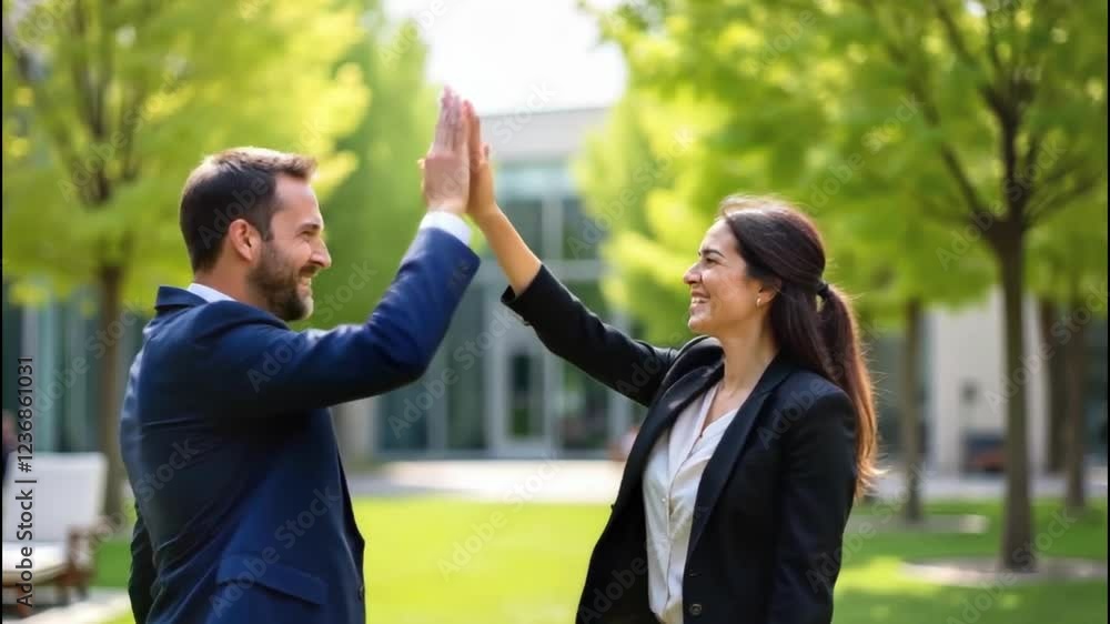 A cheerful business woman and man celebrating with a high five outdoors. A cheerful business woman and man celebrating with a high five outdoors.