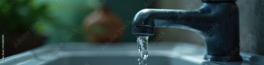 Close-up of a dripping faucet in subdued lighting; emphasizes mindful water usage , dim, water drop, sustainable Close-up of a dripping faucet in subdued lighting; emphasizes mindful water usage , dim, water drop, sustainable