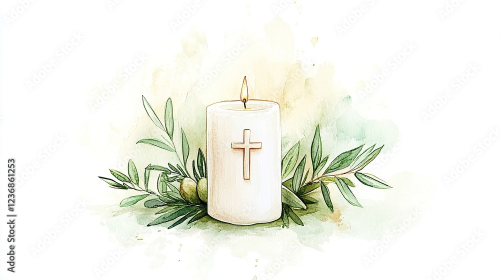Φωτογραφία Watercolor illustration of a white candle with a cross and olive branch, isolated on a pure background