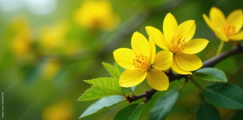 Fresh yellow flowers blooming on a tree branch, nature, floral Fresh yellow flowers blooming on a tree branch, nature, floral
