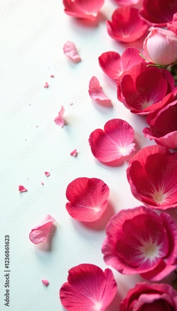 Rose petals scattered on a white surface with some stems, stems, botanical Rose petals scattered on a white surface with some stems, stems, botanical