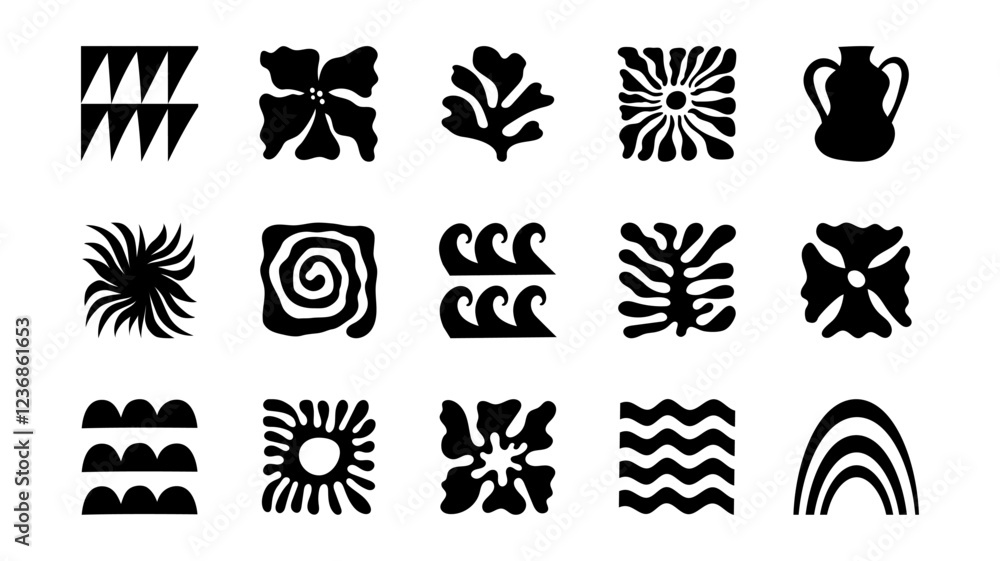 Vector modern art print elements in simple floral wavy and groovy naive style, ocean and vacation theme,  flowers and plants, floral botanic hand drawn design templates, modern art prints