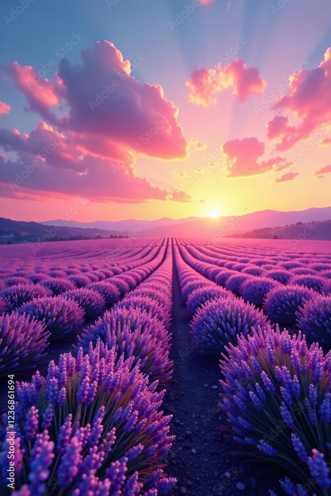 Fototapeta premium Soft pink hues dance across the sky as a summer sunset descends upon a sea of purple lavender fields, field, golden light, blue sky