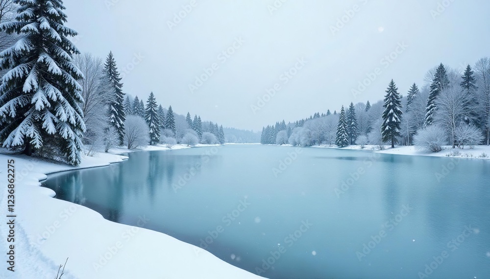 Fototapeta premium Frozen lake in winter with snow-covered trees, Serene environment, Trees
