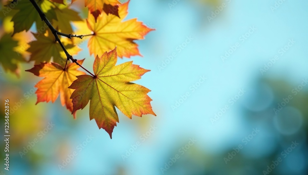 Foliage and branches softly fall through a blurry blue sky, blurry, branches Foliage and branches softly fall through a blurry blue sky, blurry, branches