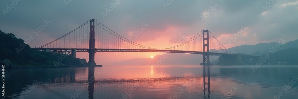 Silhouetted barcas against grey misty sky at dawn forming a triangle with the bridge in the background, water, bridge, focal point Silhouetted barcas against grey misty sky at dawn forming a triangle with the bridge in the background, water, bridge, focal point