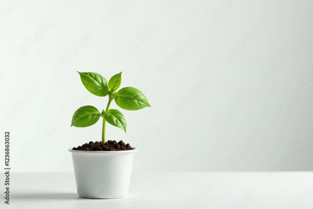 Single stem of basil growing in a small pot with soil on a plain white surface, herb, nature Single stem of basil growing in a small pot with soil on a plain white surface, herb, nature