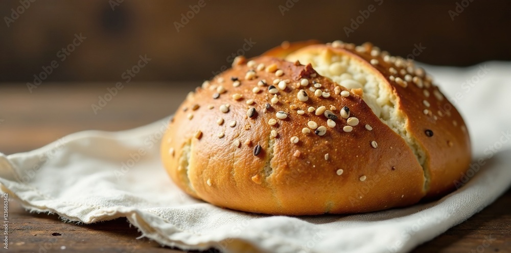Multigrain seed bread roll on a linen tablecloth, natural fibers, bread loaf, rustic background Multigrain seed bread roll on a linen tablecloth, natural fibers, bread loaf, rustic background