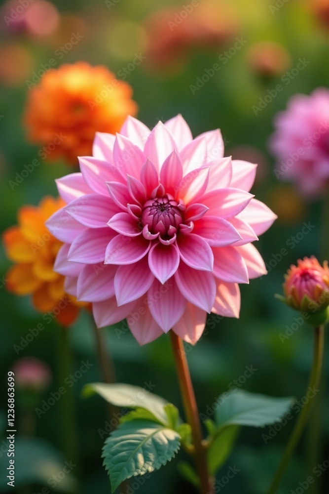 Soft petals of pink dahlias unfold in morning light, flower garden, , garden blossoms Soft petals of pink dahlias unfold in morning light, flower garden, , garden blossoms